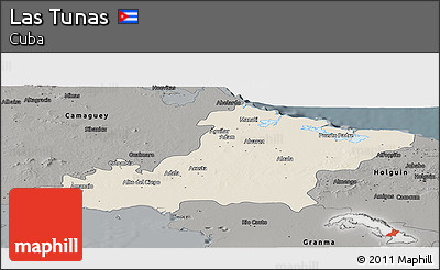 Shaded Relief Panoramic Map of Las Tunas, darken, semi-desaturated