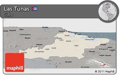 Shaded Relief Panoramic Map of Las Tunas, darken, semi-desaturated