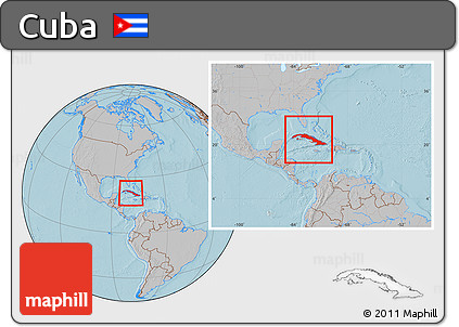 Gray Location Map of Cuba, within the entire continent, hill shading