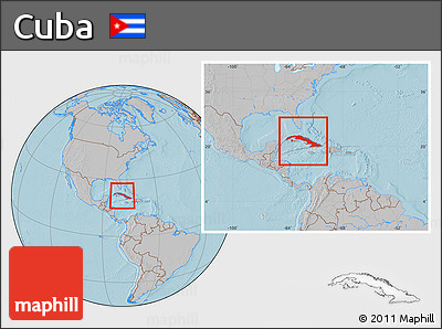 Gray Location Map of Cuba, within the entire continent, hill shading