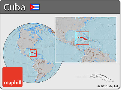 Gray Location Map of Cuba, within the entire continent, hill shading