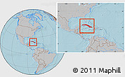 Gray Location Map of Cuba, within the entire continent, hill shading