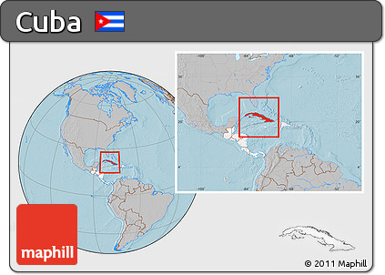 Gray Location Map of Cuba, highlighted continent, within the entire continent, hill shading