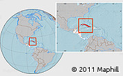 Gray Location Map of Cuba, highlighted continent, within the entire continent, hill shading