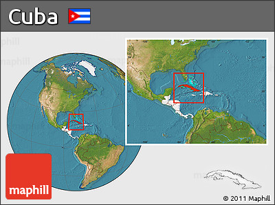 Satellite Location Map of Cuba, highlighted continent, within the entire continent