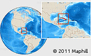 Shaded Relief Location Map of Cuba, within the entire continent