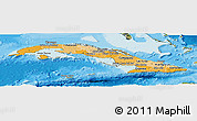 Political Shades Panoramic Map of Cuba, satellite outside, bathymetry sea