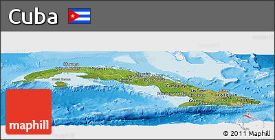 Satellite Panoramic Map of Cuba, single color outside, bathymetry sea, shaded relief sea