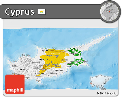 Flag 3D Map of Cyprus, shaded relief outside, bathymetry sea, flag rotated