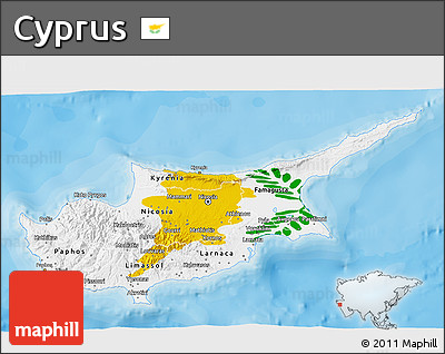 Flag 3D Map of Cyprus, shaded relief outside, bathymetry sea, flag rotated