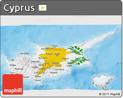Flag 3D Map of Cyprus, shaded relief outside, bathymetry sea, flag rotated