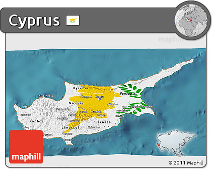 Flag 3D Map of Cyprus, single color outside, satellite sea, flag rotated