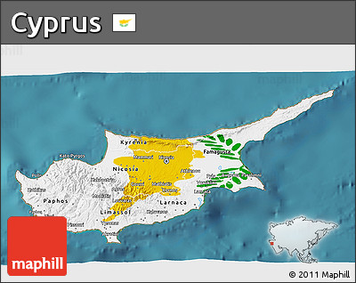 Flag 3D Map of Cyprus, single color outside, satellite sea, flag rotated