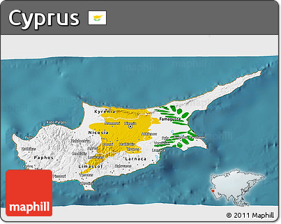 Flag 3D Map of Cyprus, single color outside, satellite sea, flag rotated