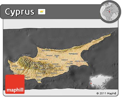 Satellite 3D Map of Cyprus, darken, desaturated