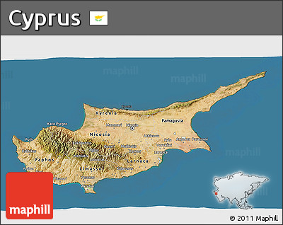 Satellite 3D Map of Cyprus, darken, desaturated, land only