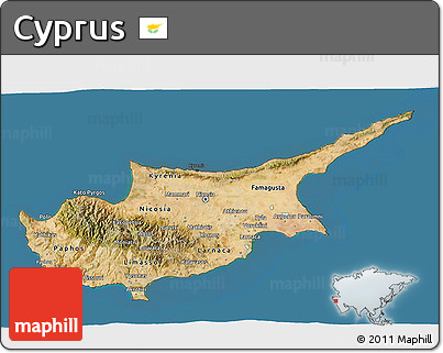 Satellite 3D Map of Cyprus, darken, desaturated, land only