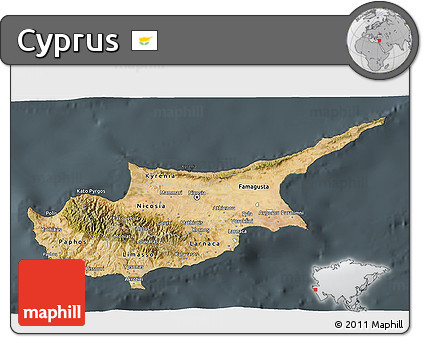 Satellite 3D Map of Cyprus, darken, semi-desaturated