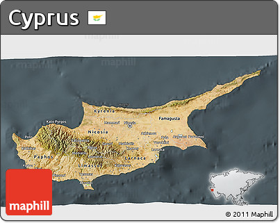 Satellite 3D Map of Cyprus, darken, semi-desaturated