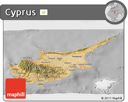 Satellite 3D Map of Cyprus, lighten, desaturated