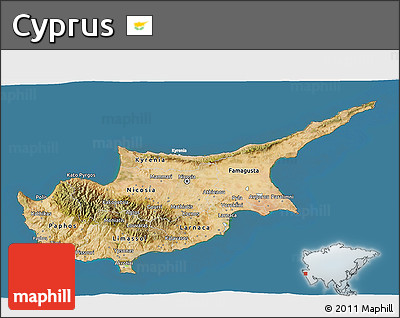 Satellite 3D Map of Cyprus, lighten, desaturated, land only