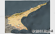 Satellite 3D Map of Famagusta, darken, semi-desaturated