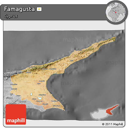 Satellite 3D Map of Famagusta, desaturated