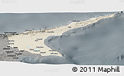 Shaded Relief Panoramic Map of Famagusta, darken, semi-desaturated