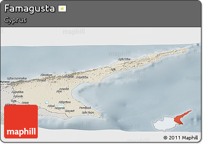 Shaded Relief Panoramic Map of Famagusta, semi-desaturated