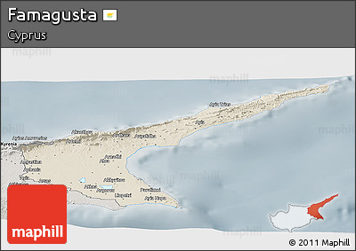 Shaded Relief Panoramic Map of Famagusta, semi-desaturated