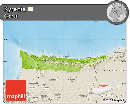 Physical Map of Kyrenia, shaded relief outside