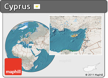 Satellite Location Map of Cyprus, lighten, semi-desaturated, land only