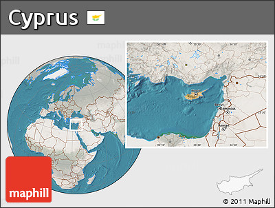Satellite Location Map of Cyprus, lighten, semi-desaturated, land only
