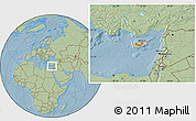Satellite Location Map of Cyprus, savanna style outside, hill shading