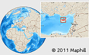 Shaded Relief Location Map of Nicosia, highlighted country, within the entire country