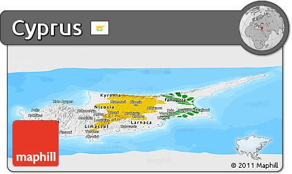 Flag Panoramic Map of Cyprus, single color outside, bathymetry sea, flag rotated
