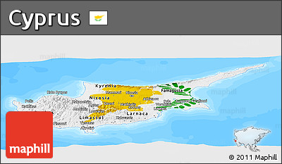 Flag Panoramic Map of Cyprus, single color outside, bathymetry sea, flag rotated