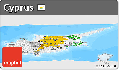 Flag Panoramic Map of Cyprus, single color outside, bathymetry sea, flag rotated