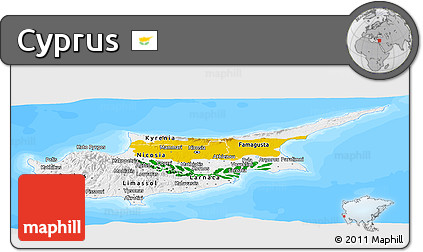 Flag Panoramic Map of Cyprus, single color outside, bathymetry sea