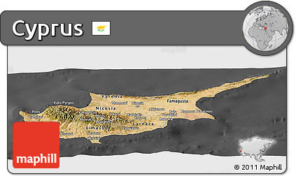 Satellite Panoramic Map of Cyprus, darken, desaturated