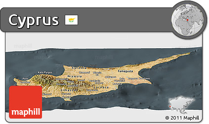 Satellite Panoramic Map of Cyprus, darken, semi-desaturated