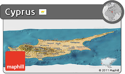 Satellite Panoramic Map of Cyprus, shaded relief outside, satellite sea