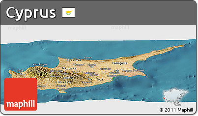 Satellite Panoramic Map of Cyprus, shaded relief outside, satellite sea