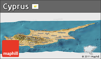 Satellite Panoramic Map of Cyprus, shaded relief outside, satellite sea