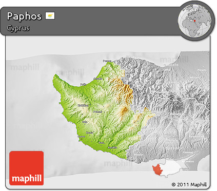 Physical 3D Map of Paphos, lighten, desaturated