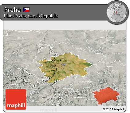 Satellite 3D Map of Praha, lighten, semi-desaturated