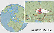 Savanna Style Location Map of Písek, highlighted country, highlighted parent region, hill shading
