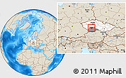 Shaded Relief Location Map of Písek, highlighted country, highlighted parent region
