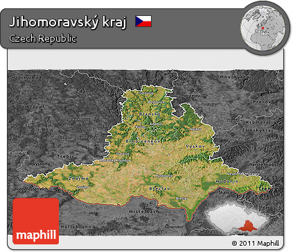 Satellite 3D Map of Jihomoravský Kraj, darken, desaturated