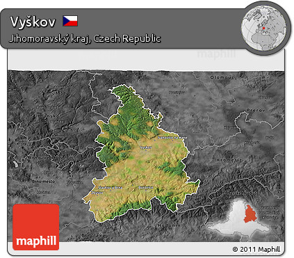 Satellite 3D Map of Vyškov, darken, desaturated